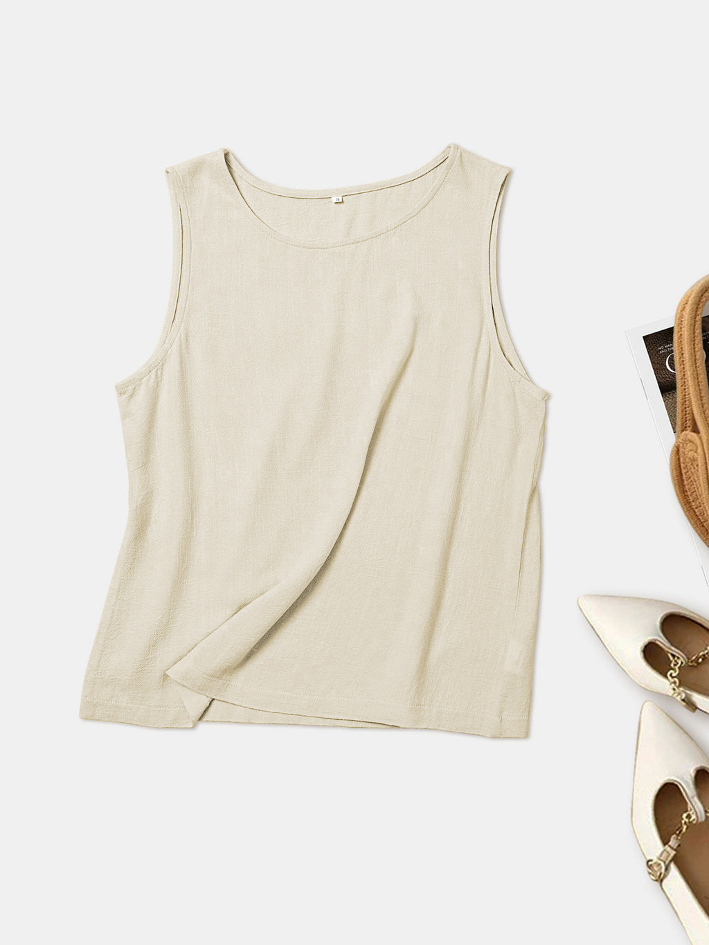 Linen Blend Relaxed Sleeveless Tank Top - Apricot