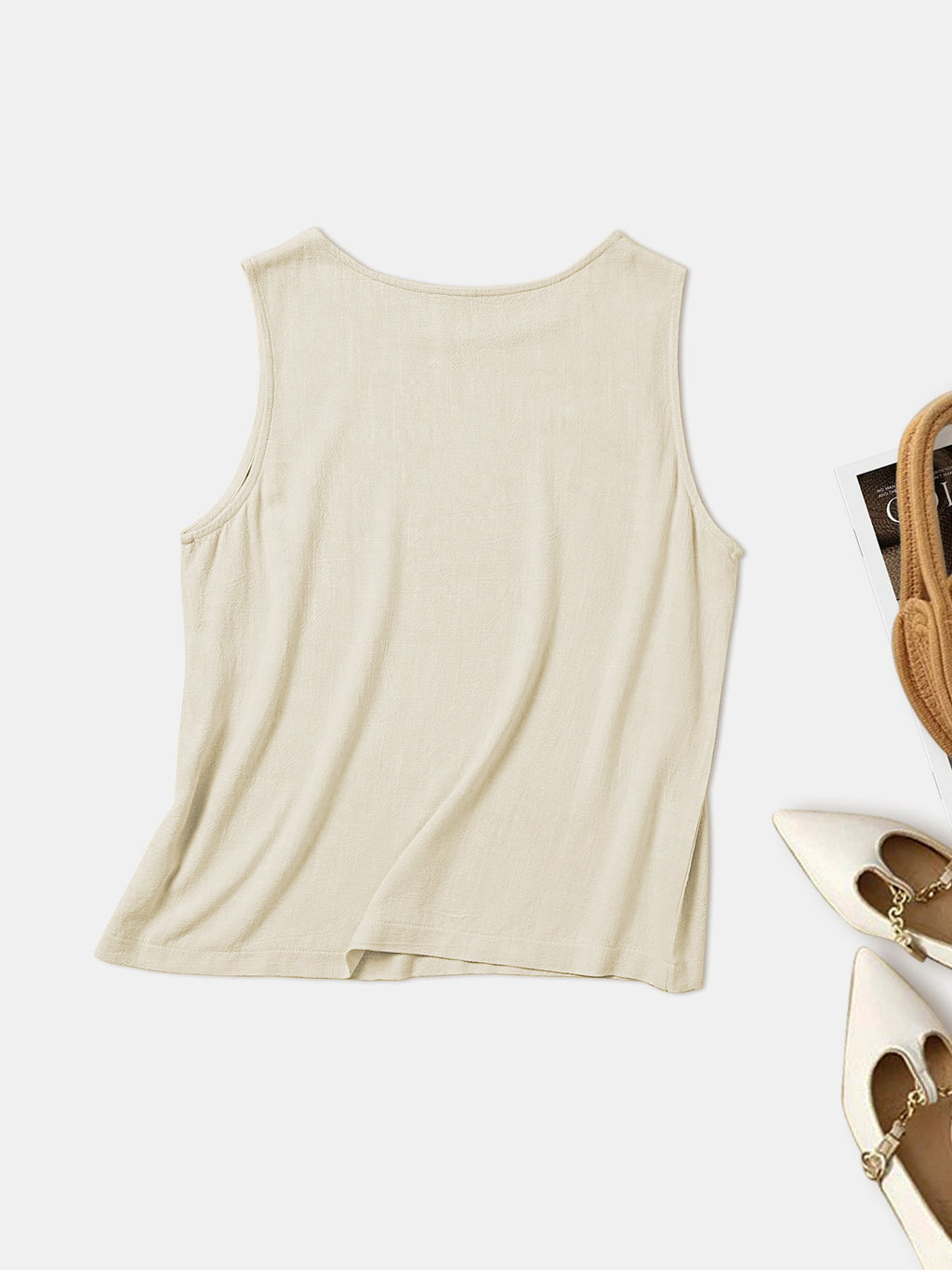 Linen Blend Relaxed Sleeveless Tank Top - Apricot - 1