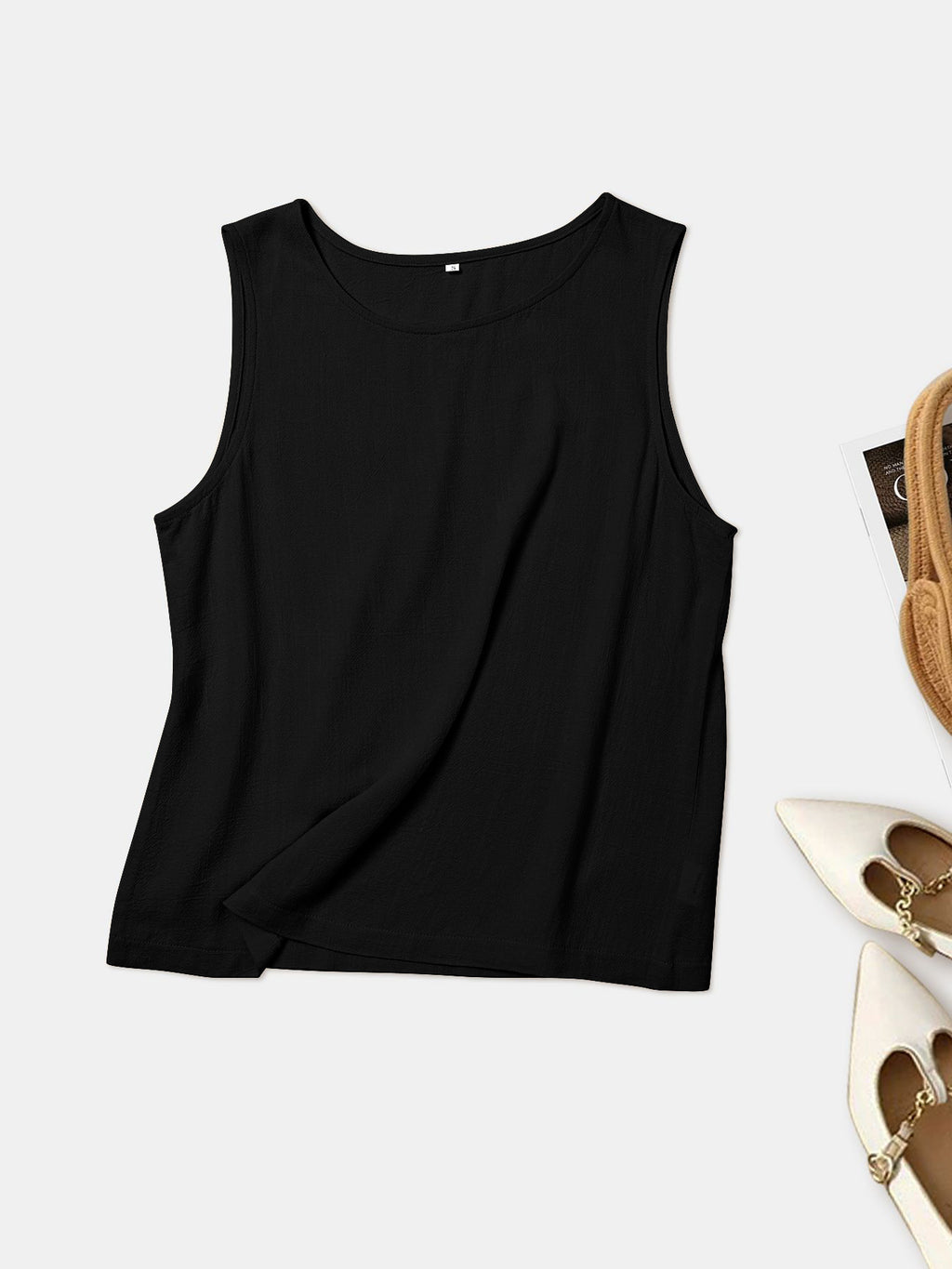 Linen Blend Relaxed Sleeveless Tank Top - Black