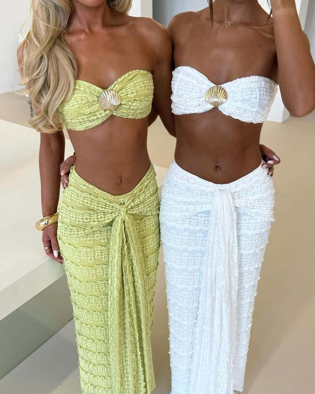 Shell Trim Bandeau and Maxi Skirt Set - Green - 1