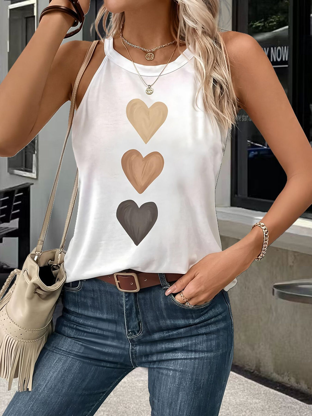 Three Hearts Graphic Racerback Cami Top - White