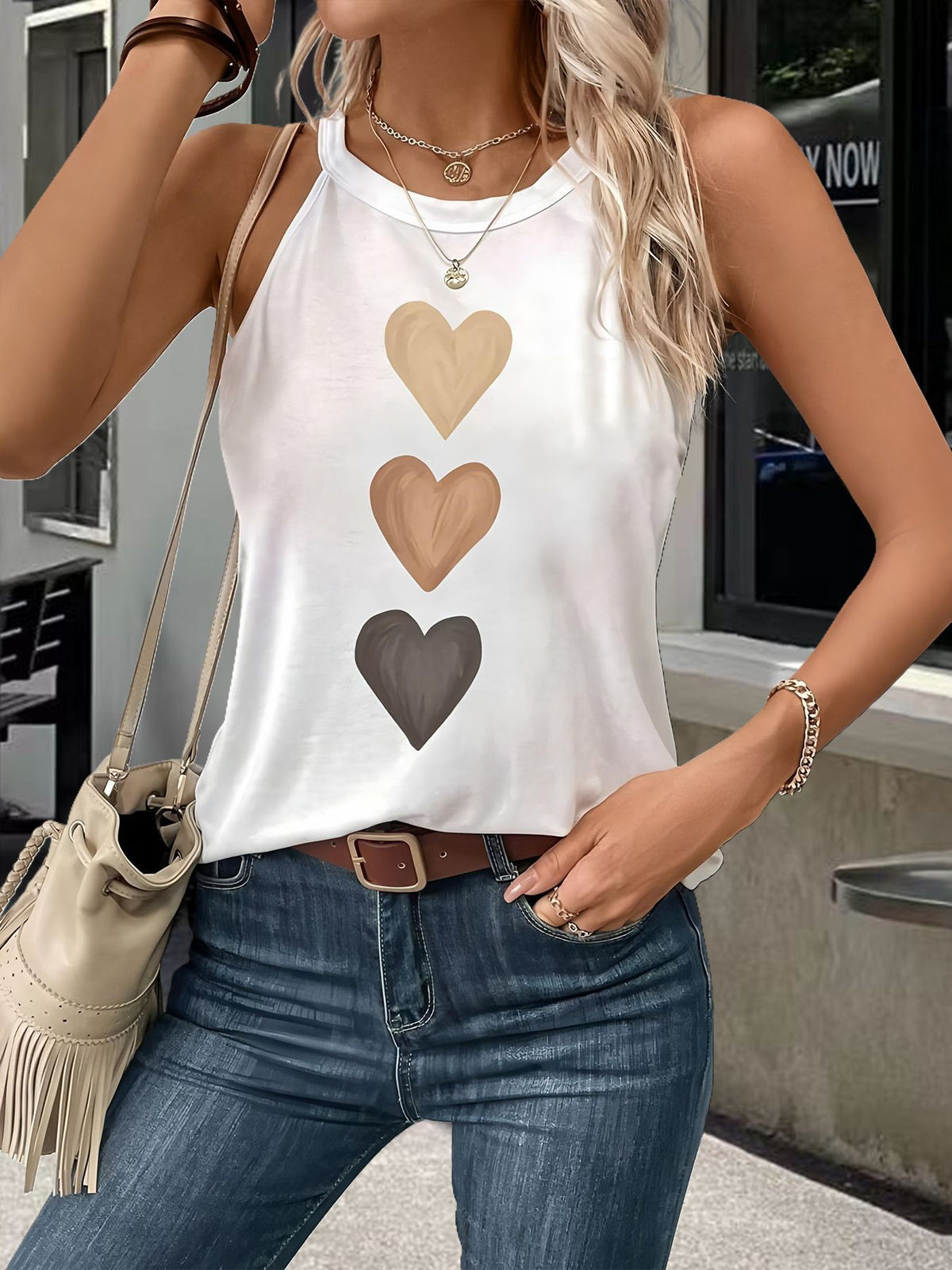 Three Hearts Graphic Racerback Cami Top - White