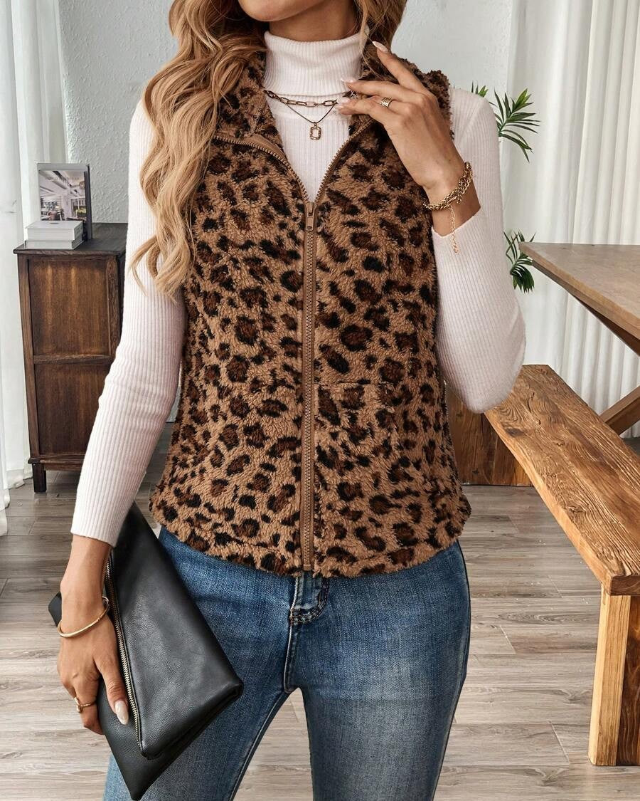 Leopard Faux Fur Zip Sleeveless Jacket - Coffee