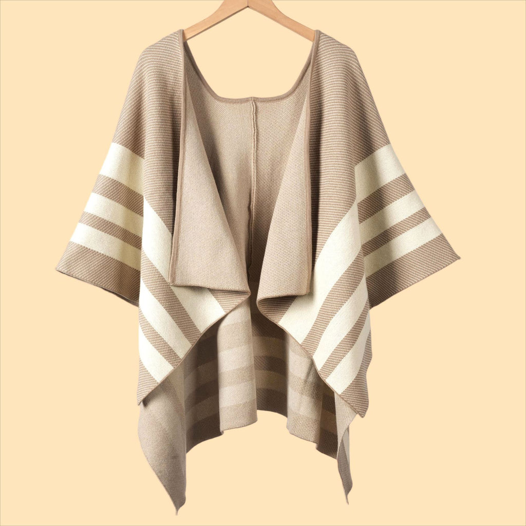 Striped Border Knit Poncho Shawl Cape - Apricot