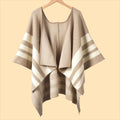 Striped Border Knit Poncho Shawl Cape - Apricot