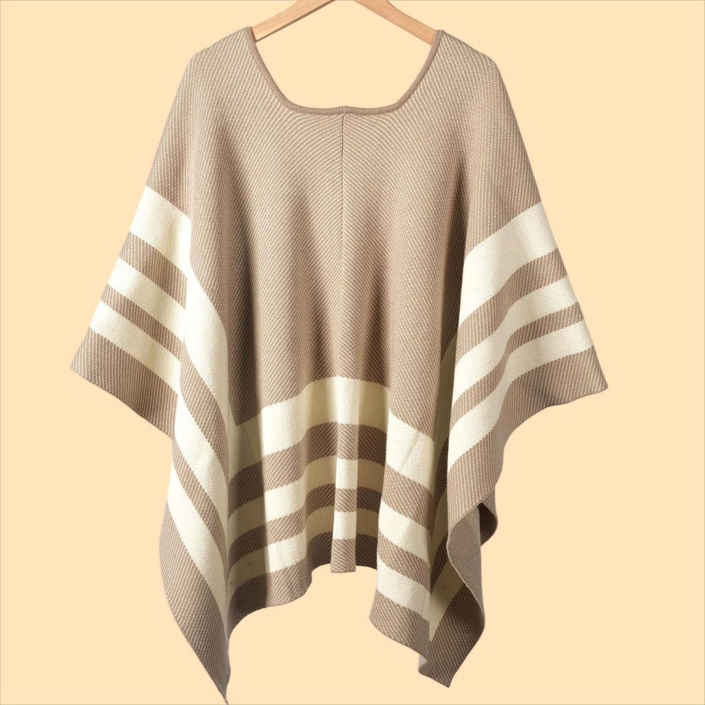 Striped Border Knit Poncho Shawl Cape - Apricot - 1