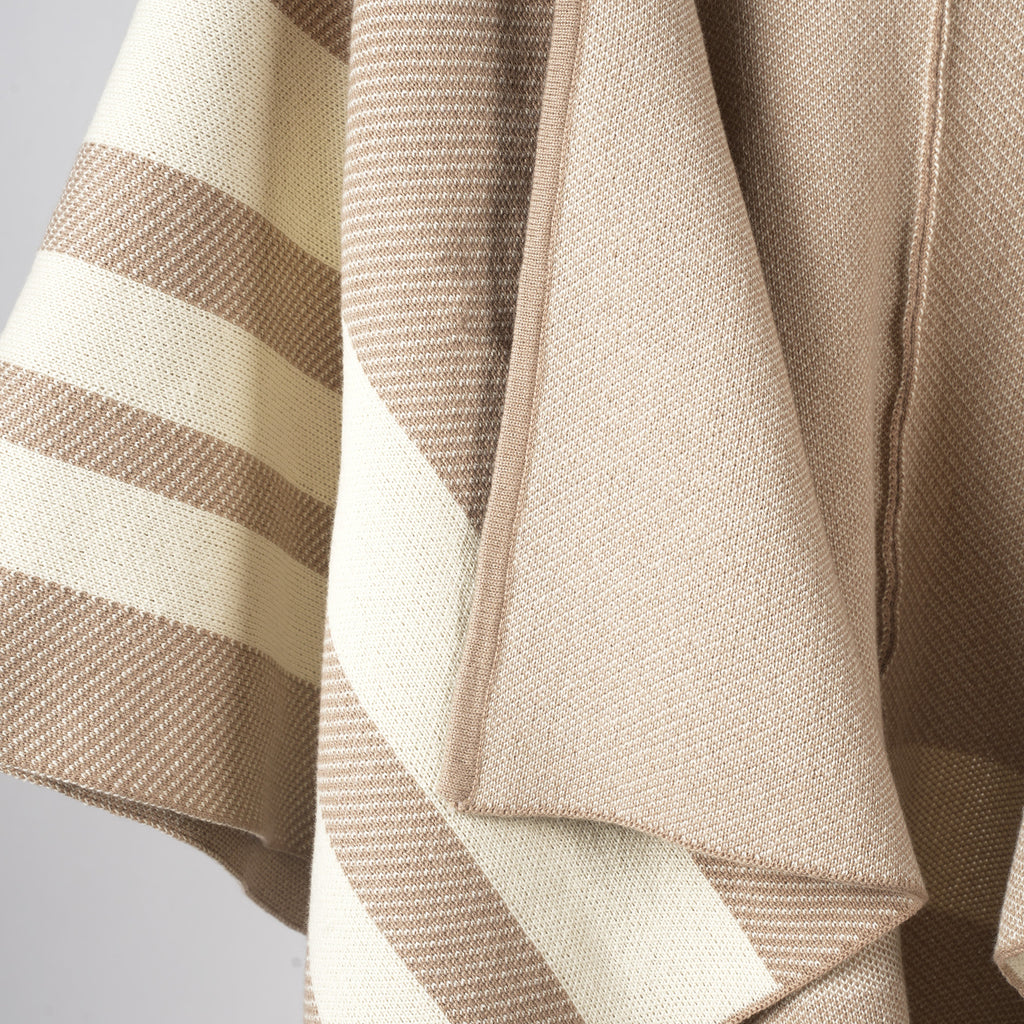 Striped Border Knit Poncho Shawl Cape - Apricot - 2