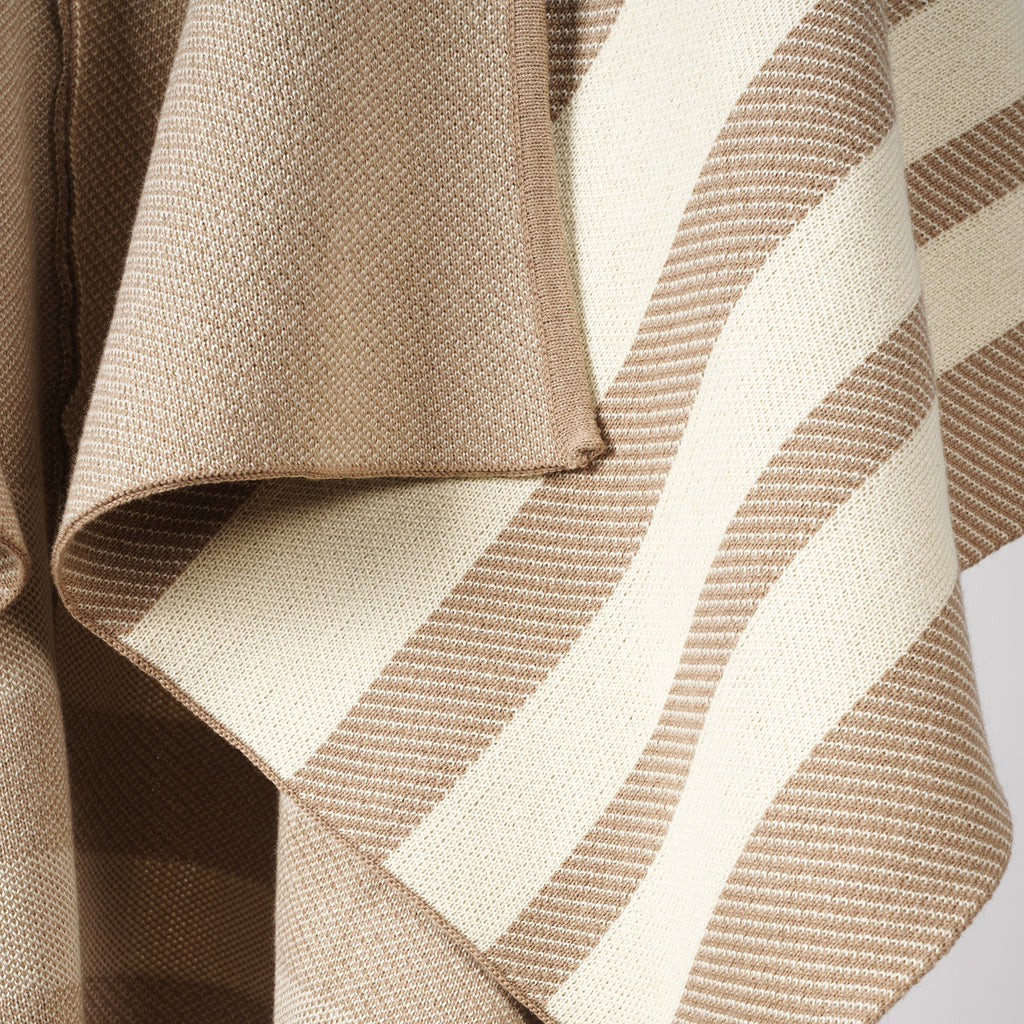 Striped Border Knit Poncho Shawl Cape - Apricot - 3