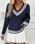 Cable Knit Cricket Sweater with Stripe Trim - Blue