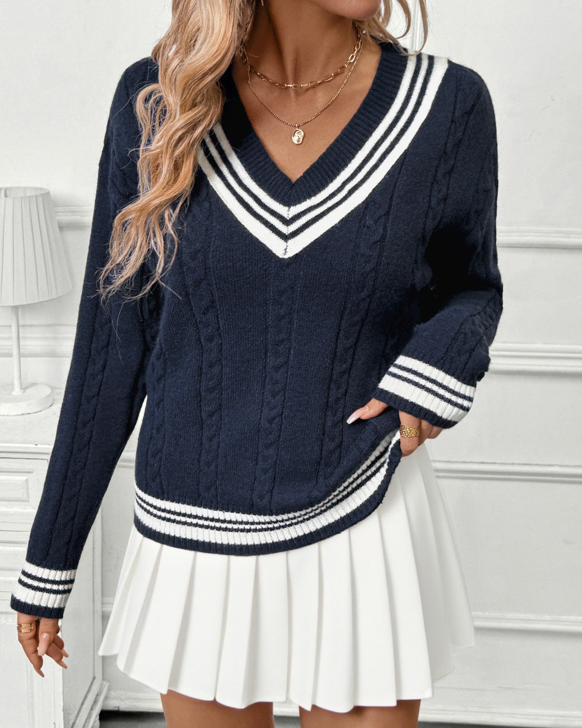 Cable Knit Cricket Sweater with Stripe Trim - Blue