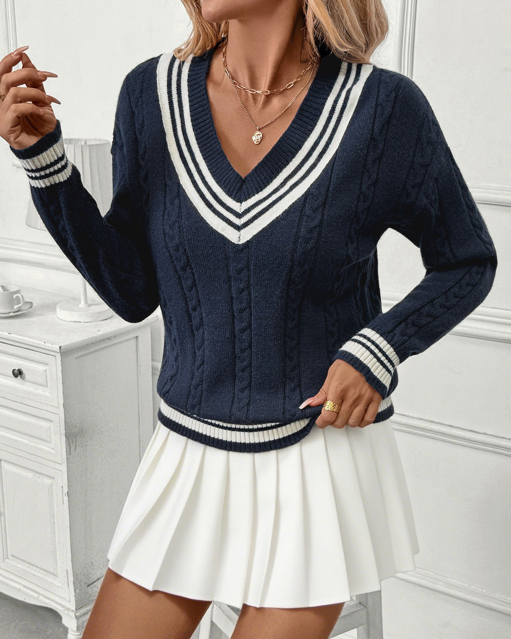 Cable Knit Cricket Sweater with Stripe Trim - Blue - 1