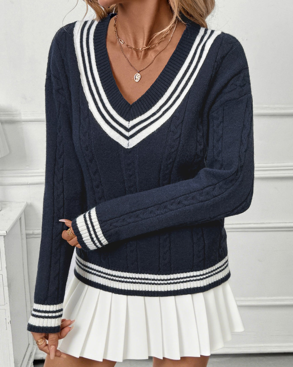Cable Knit Cricket Sweater with Stripe Trim - Blue - 2
