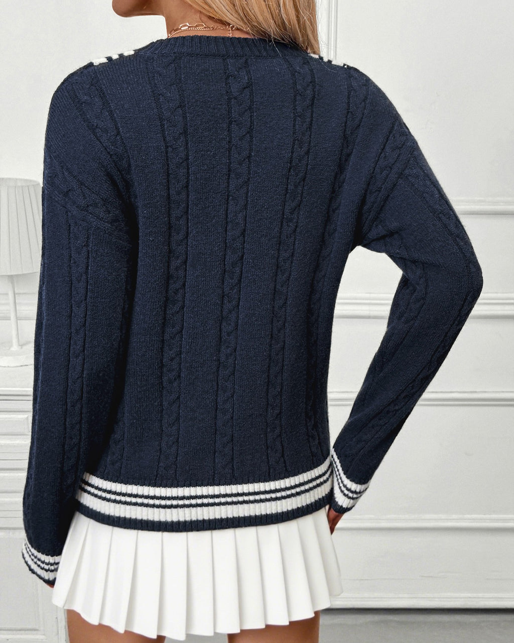 Cable Knit Cricket Sweater with Stripe Trim - Blue - 3