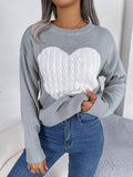 Cable Knit Heart Crewneck Sweater - Grey