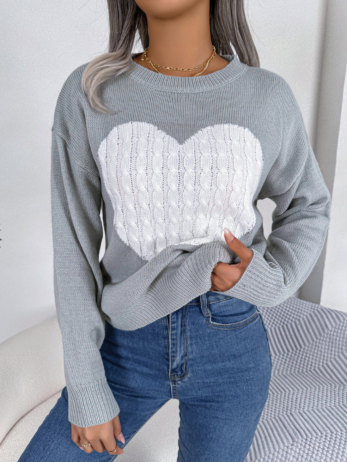 Cable Knit Heart Crewneck Sweater - Grey