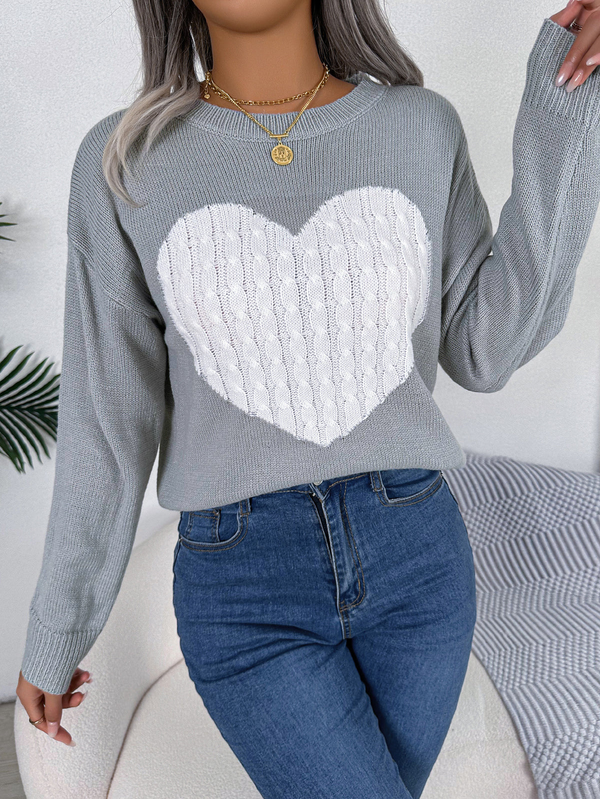 Cable Knit Heart Crewneck Sweater - Grey - 1