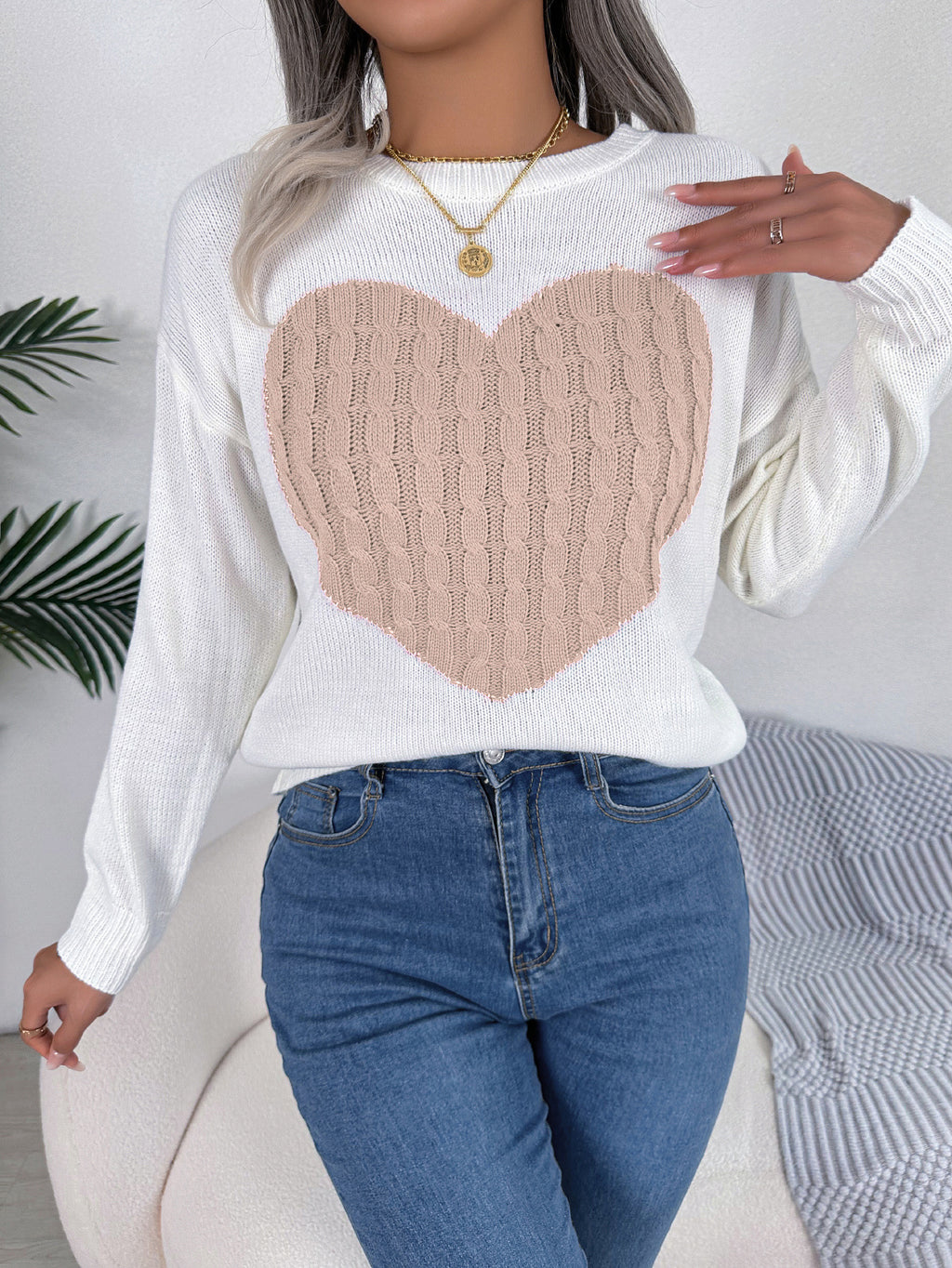 Cable Knit Heart Crewneck Sweater - Pink