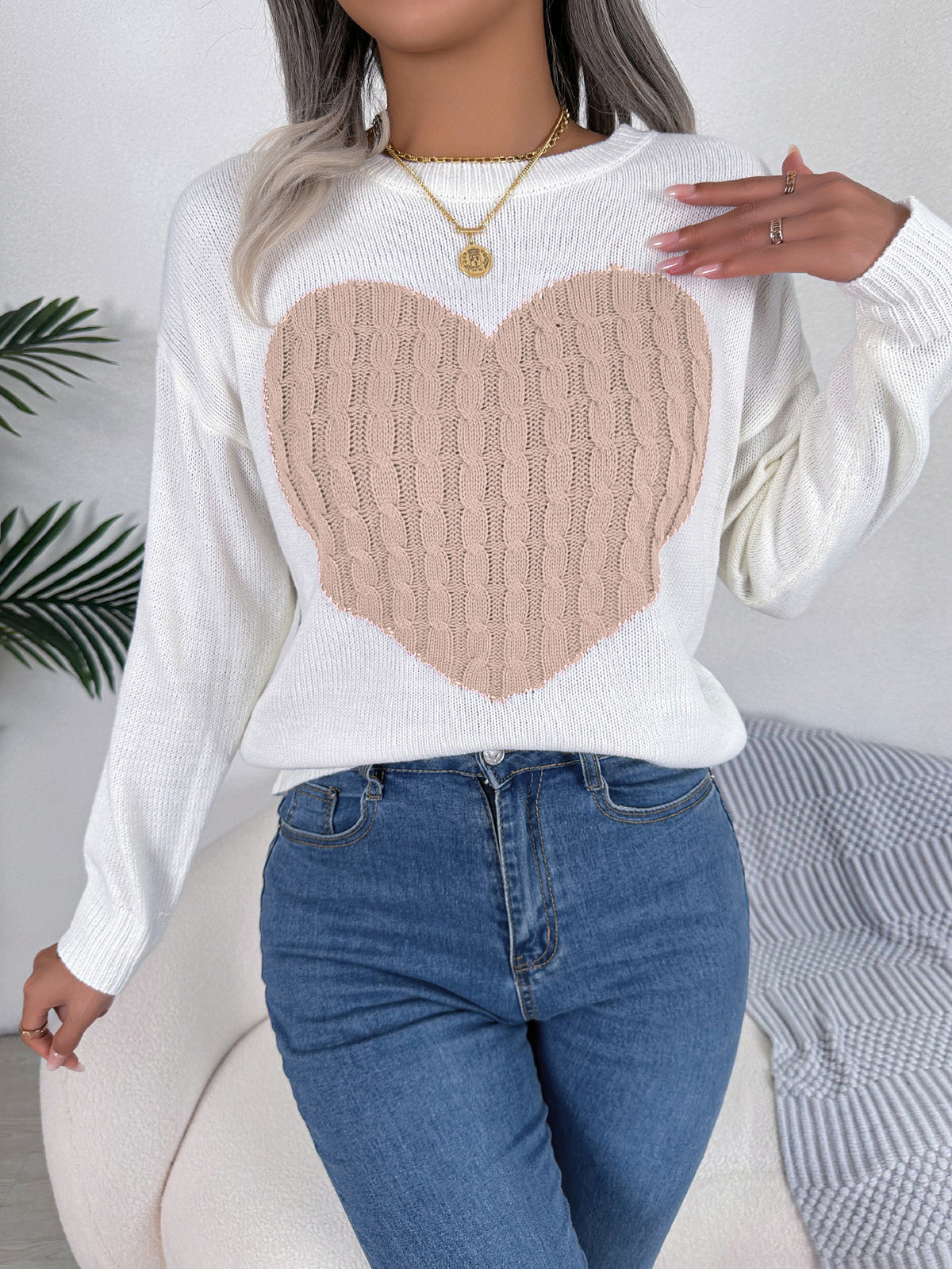 Cable Knit Heart Crewneck Sweater - Pink