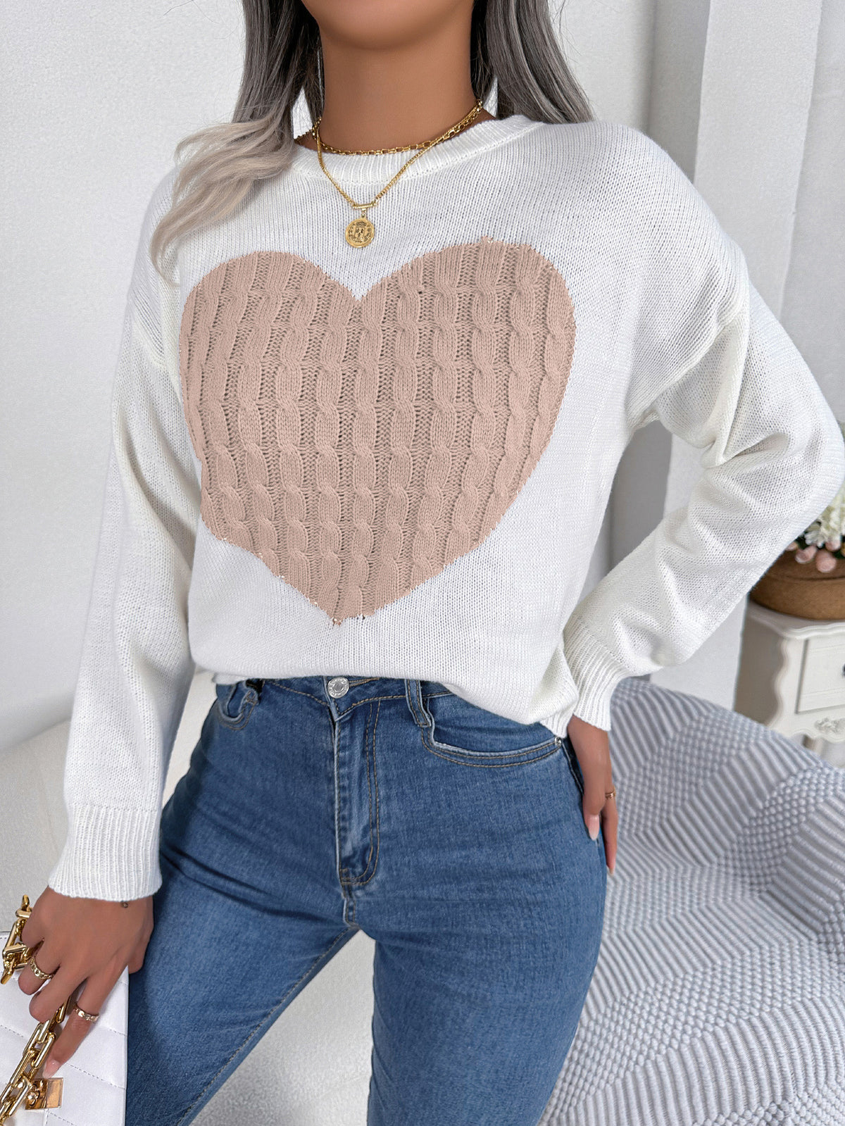 Cable Knit Heart Crewneck Sweater - Pink - 1