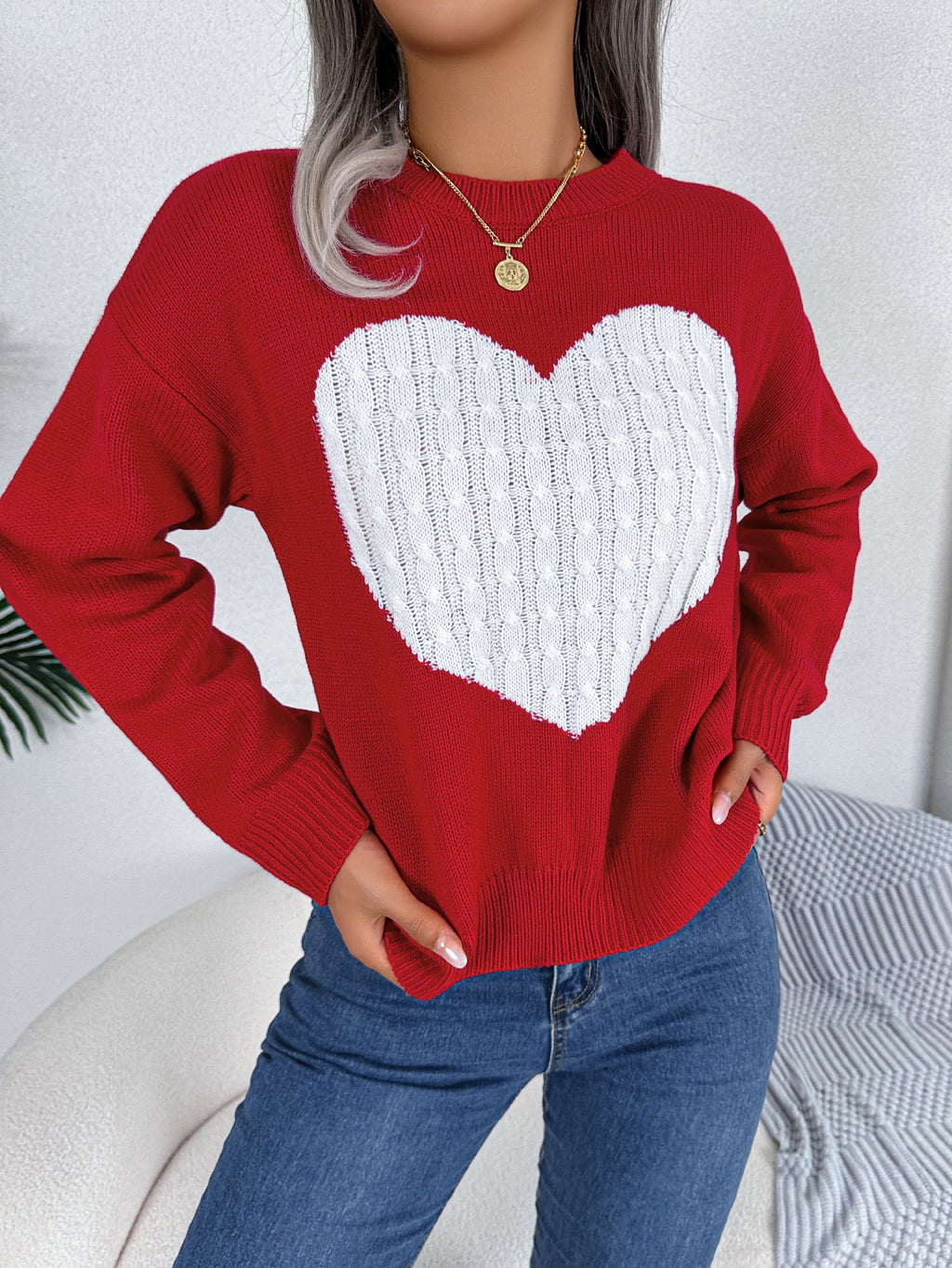 Cable Knit Heart Crewneck Sweater - Red