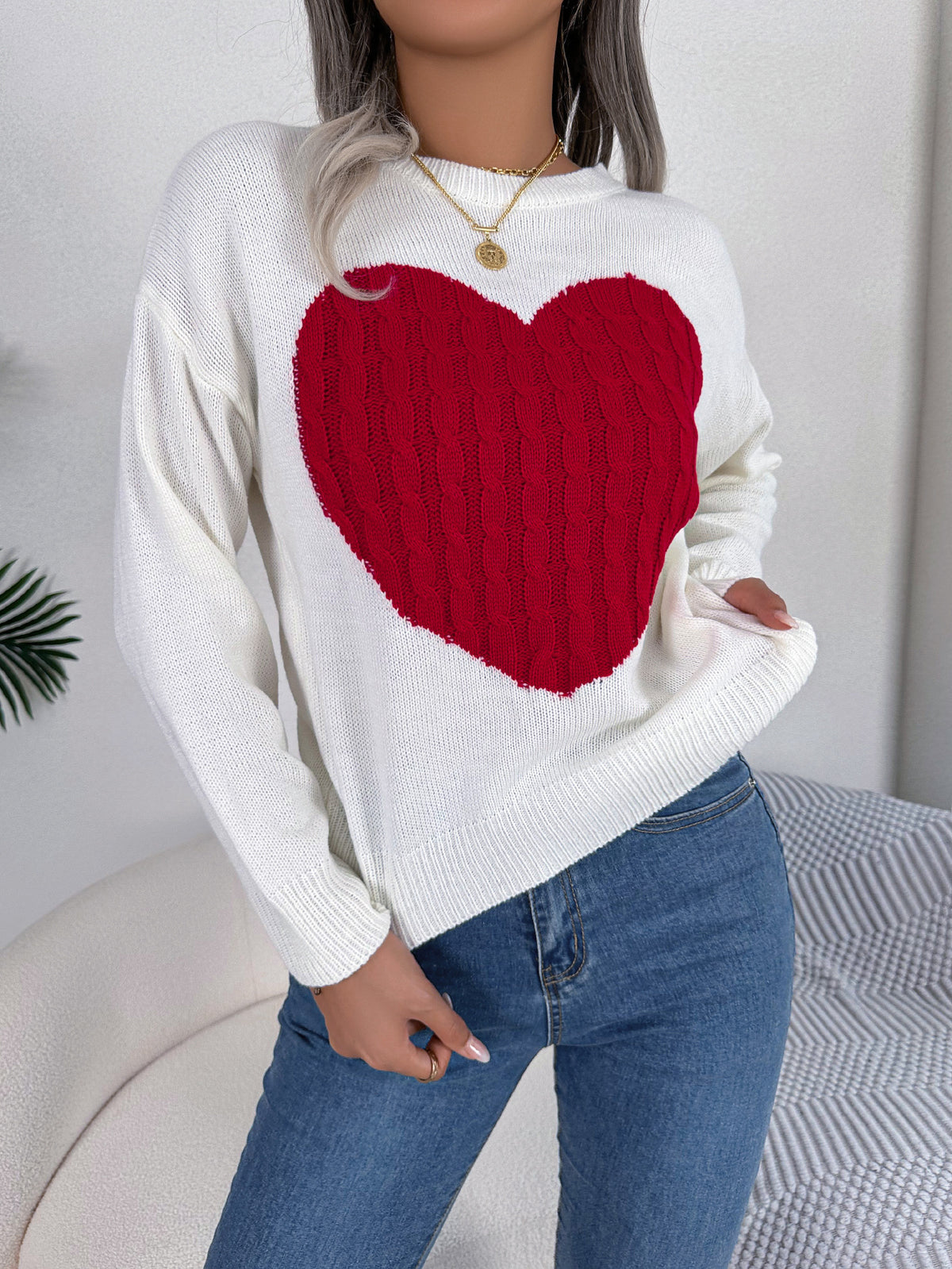 Cable Knit Heart Crewneck Sweater - White