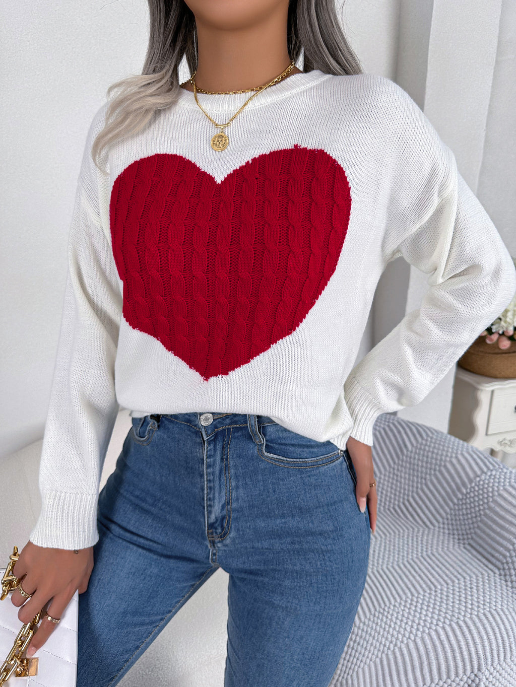 Cable Knit Heart Crewneck Sweater - White - 1