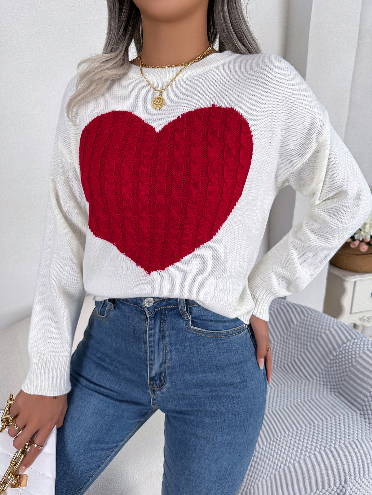 Cable Knit Heart Crewneck Sweater - White - 1