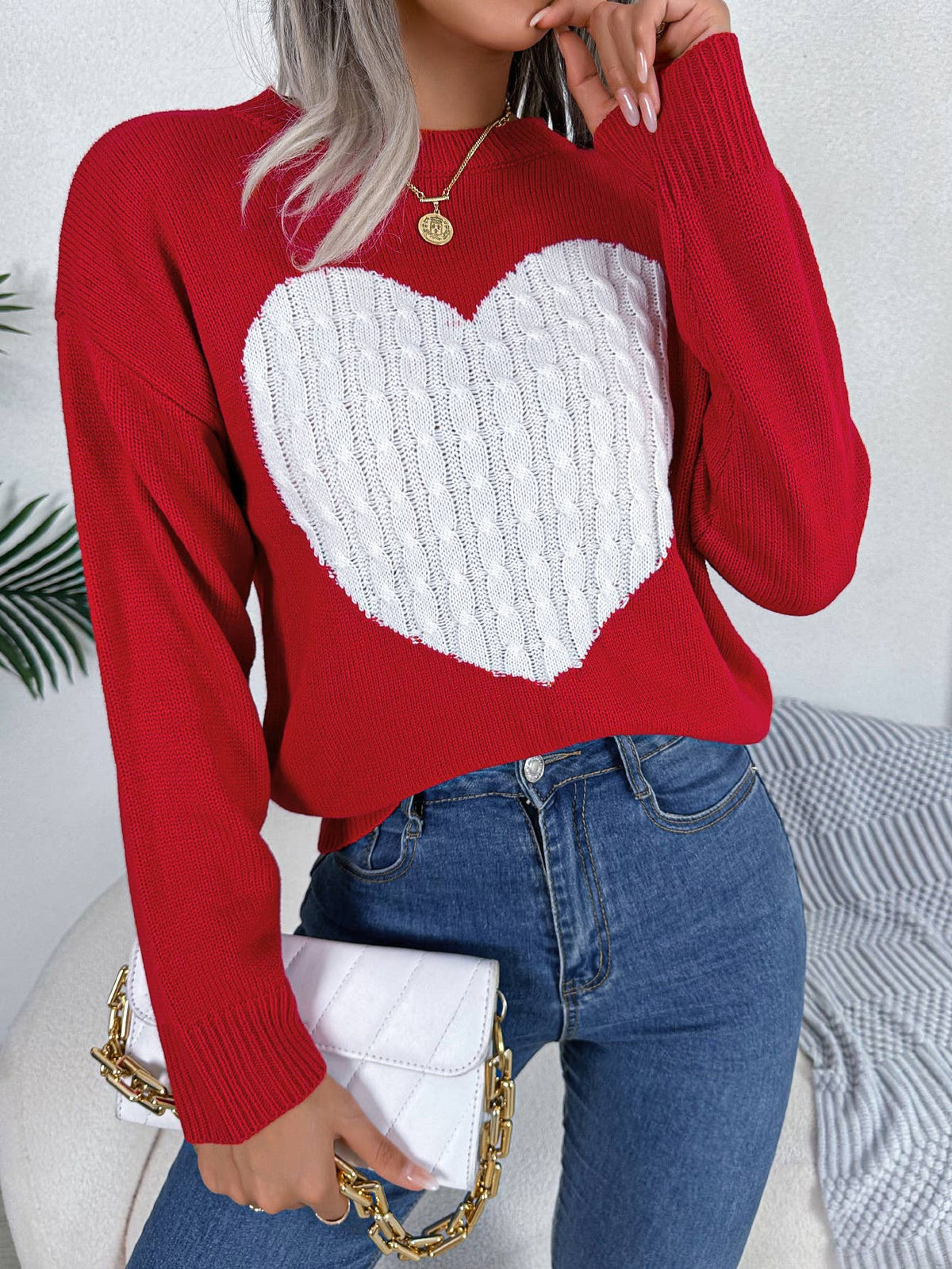 Cable Knit Heart Crewneck Sweater