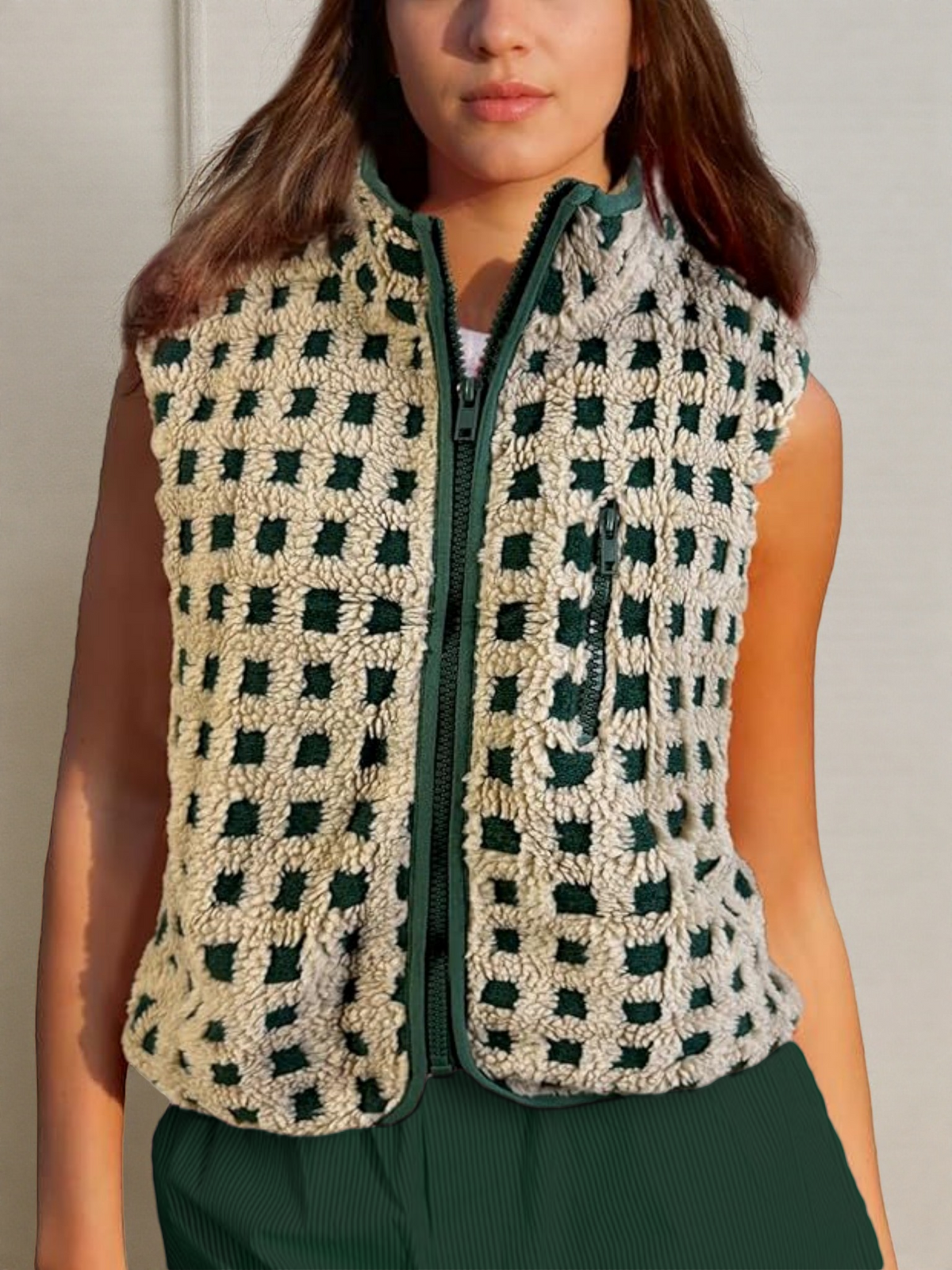 Gingham Sherpa Fleece Zip Up Jacket - DarkGreen