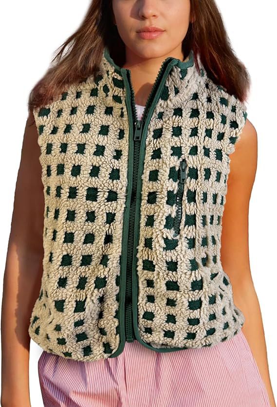Gingham Sherpa Fleece Zip Up Jacket - DarkGreen - 1