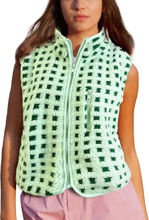 Gingham Sherpa Fleece Zip Up Jacket - Melon