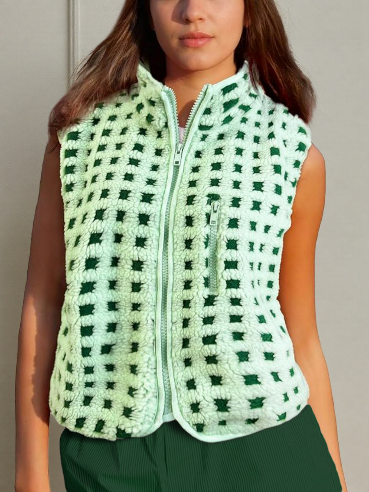 Gingham Sherpa Fleece Zip Up Jacket - Melon - 1