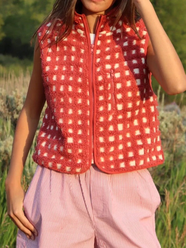 Gingham Sherpa Fleece Zip Up Jacket - Red - 1