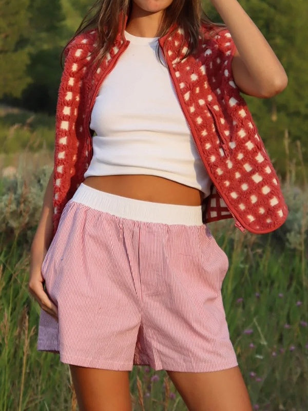 Gingham Sherpa Fleece Zip Up Jacket - Red - 2