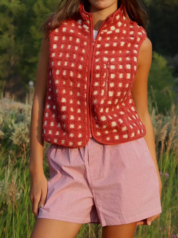 Gingham Sherpa Fleece Zip Up Jacket - Red - 3