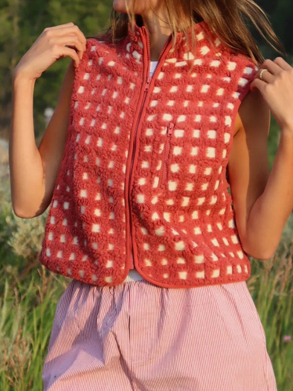 Gingham Sherpa Fleece Zip Up Jacket - Red - 5