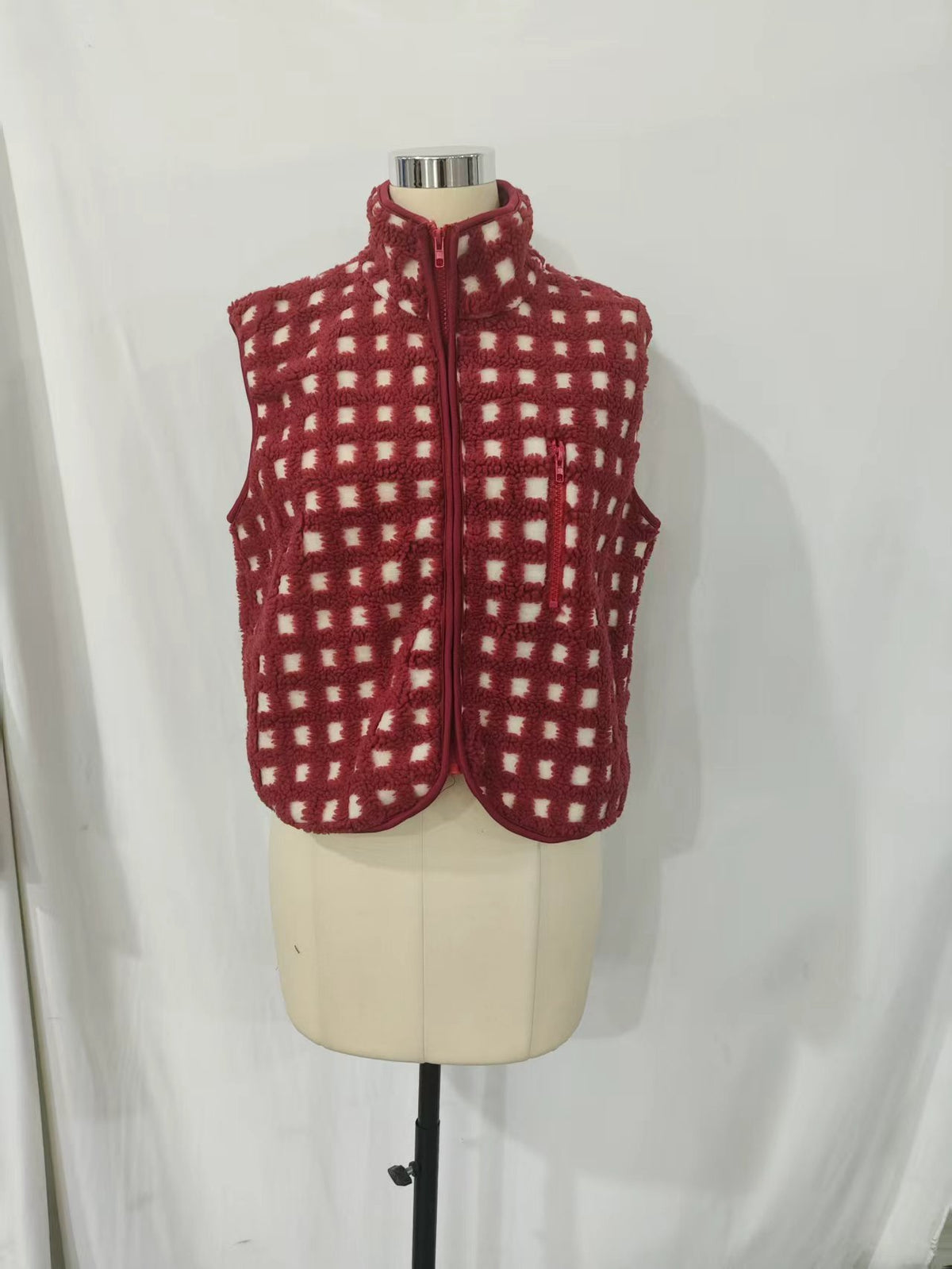 Gingham Sherpa Fleece Zip Up Jacket - Red - 6