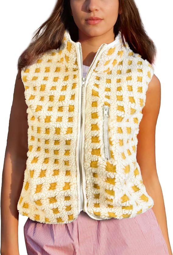 Gingham Sherpa Fleece Zip Up Jacket - Yellow