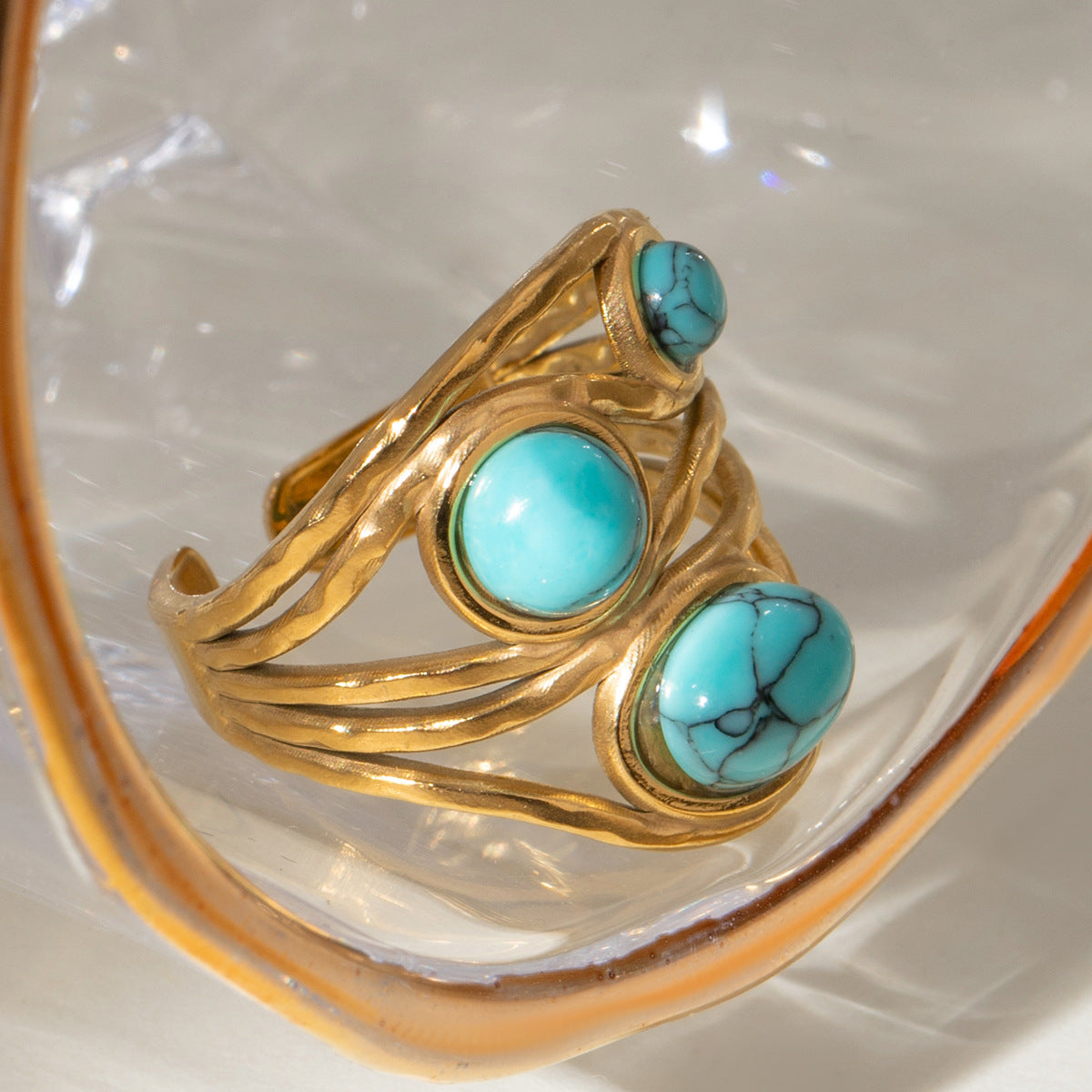 Turquoise Stone Wrapped Open Ring - Gold - 1