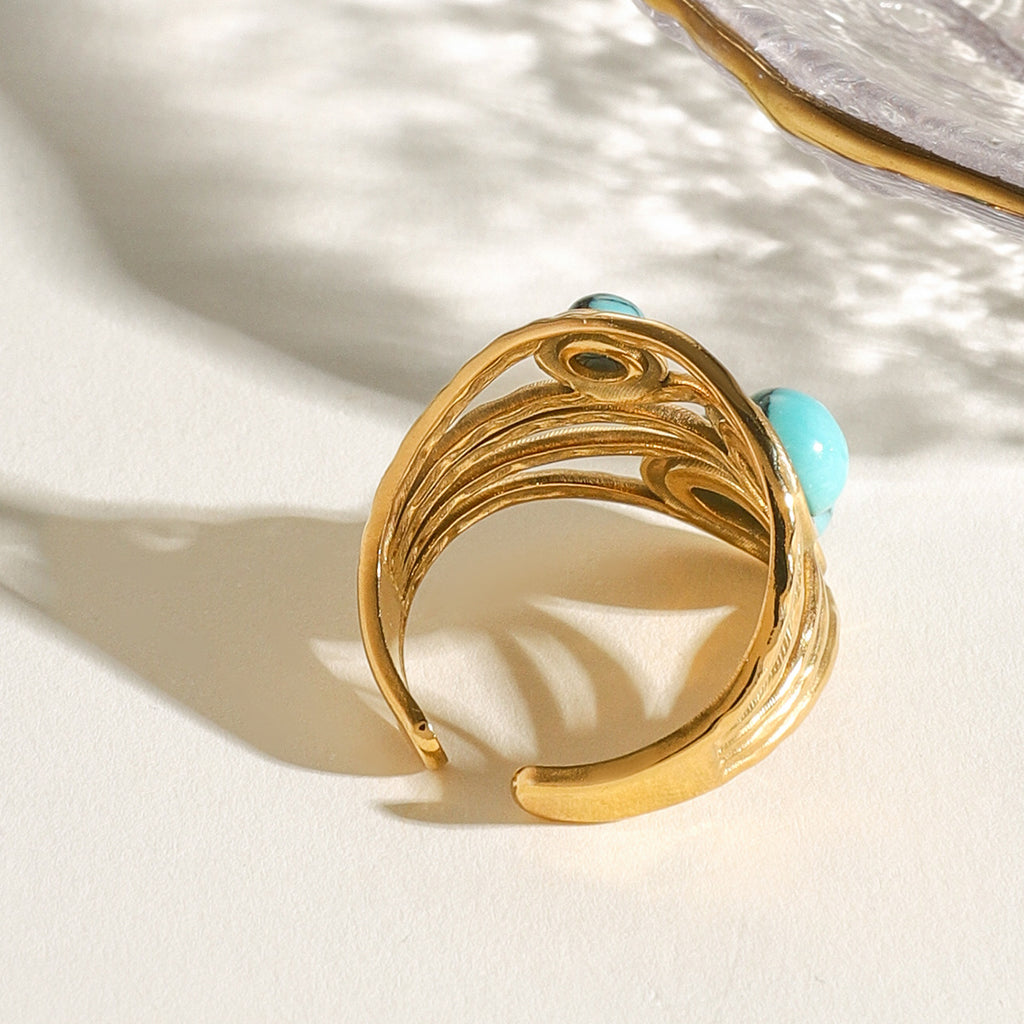 Turquoise Stone Wrapped Open Ring - Gold - 3