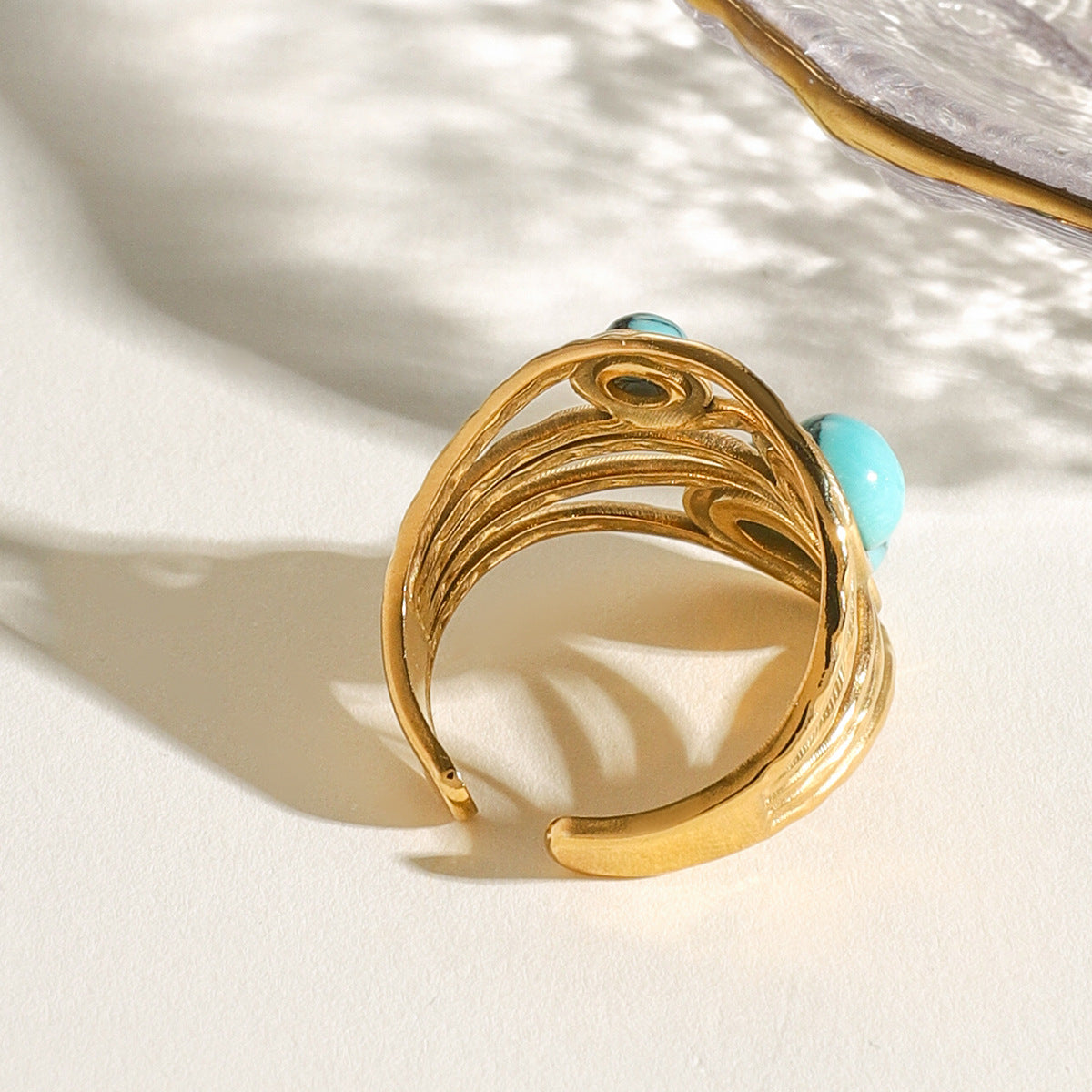 Turquoise Stone Wrapped Open Ring - Gold - 3