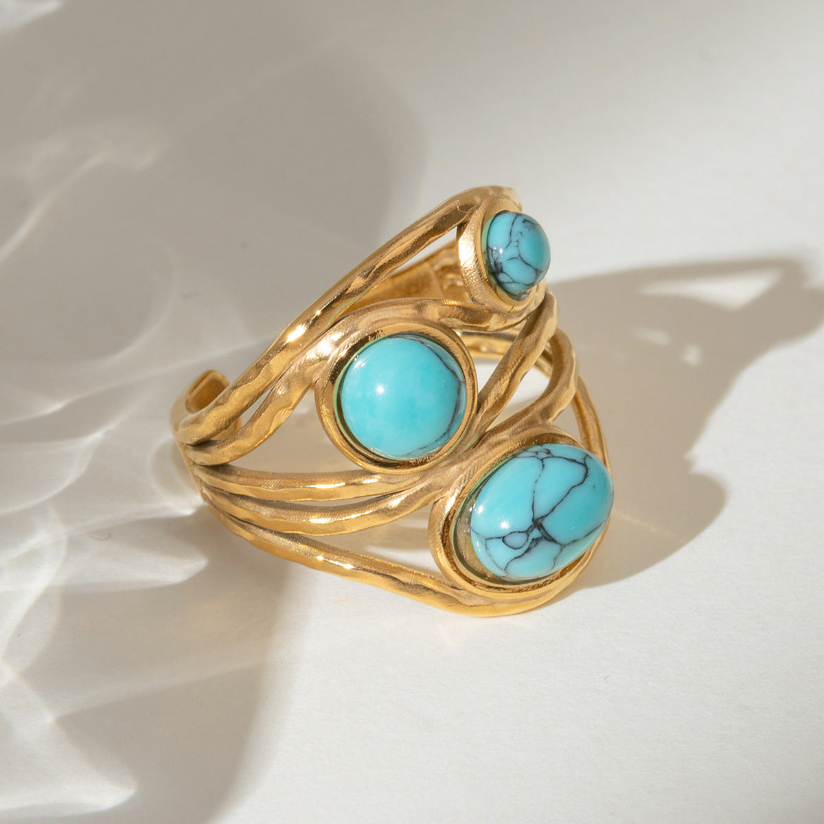 Turquoise Stone Wrapped Open Ring - Gold - 4