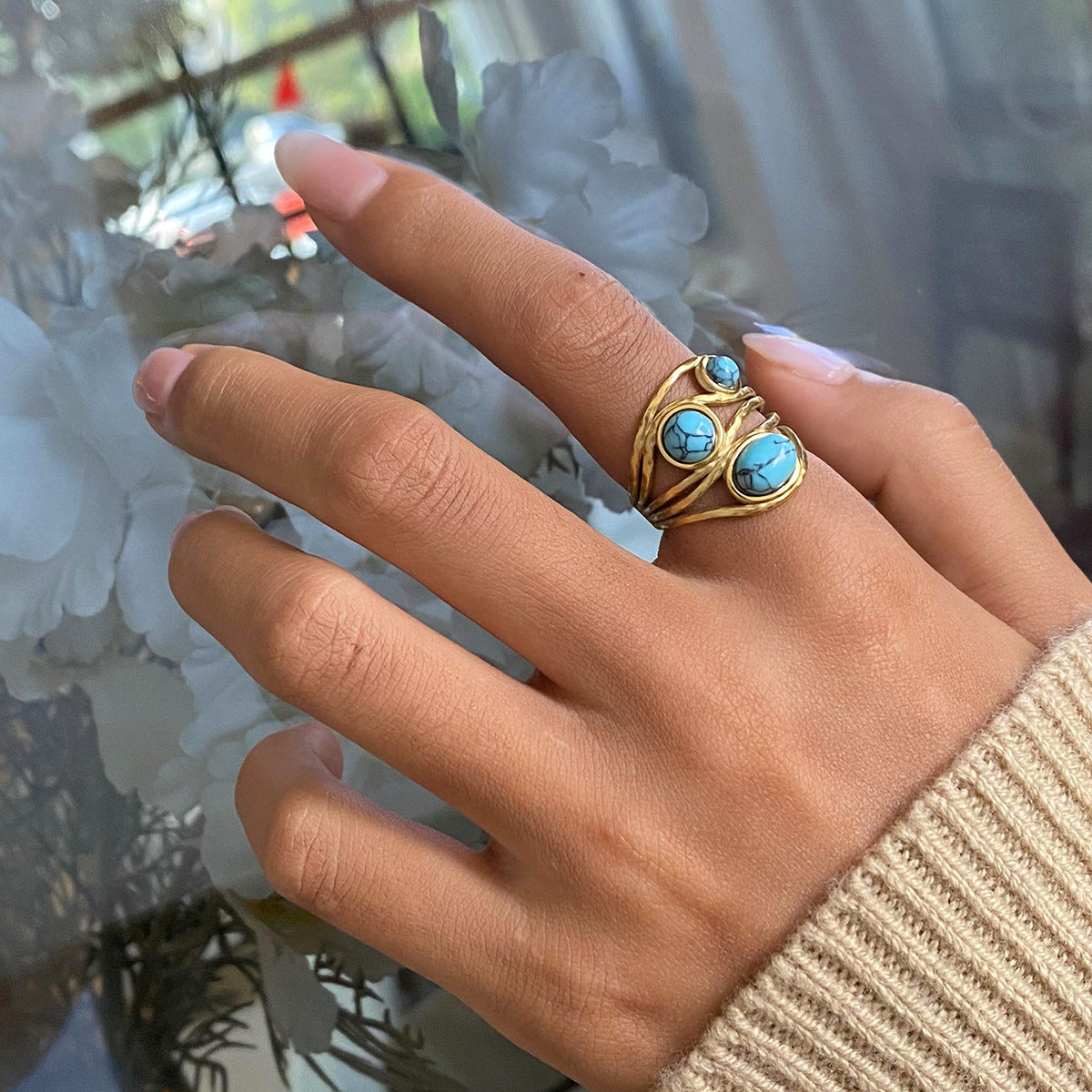 Turquoise Stone Wrapped Open Ring - view 1