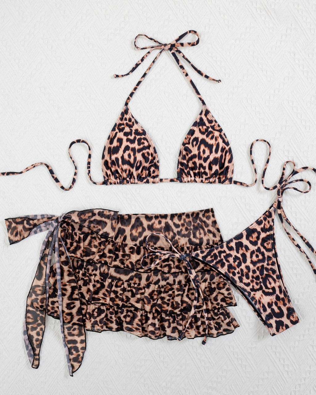 Leopard Print Halter Bikini and Skirt Set - Leopard
