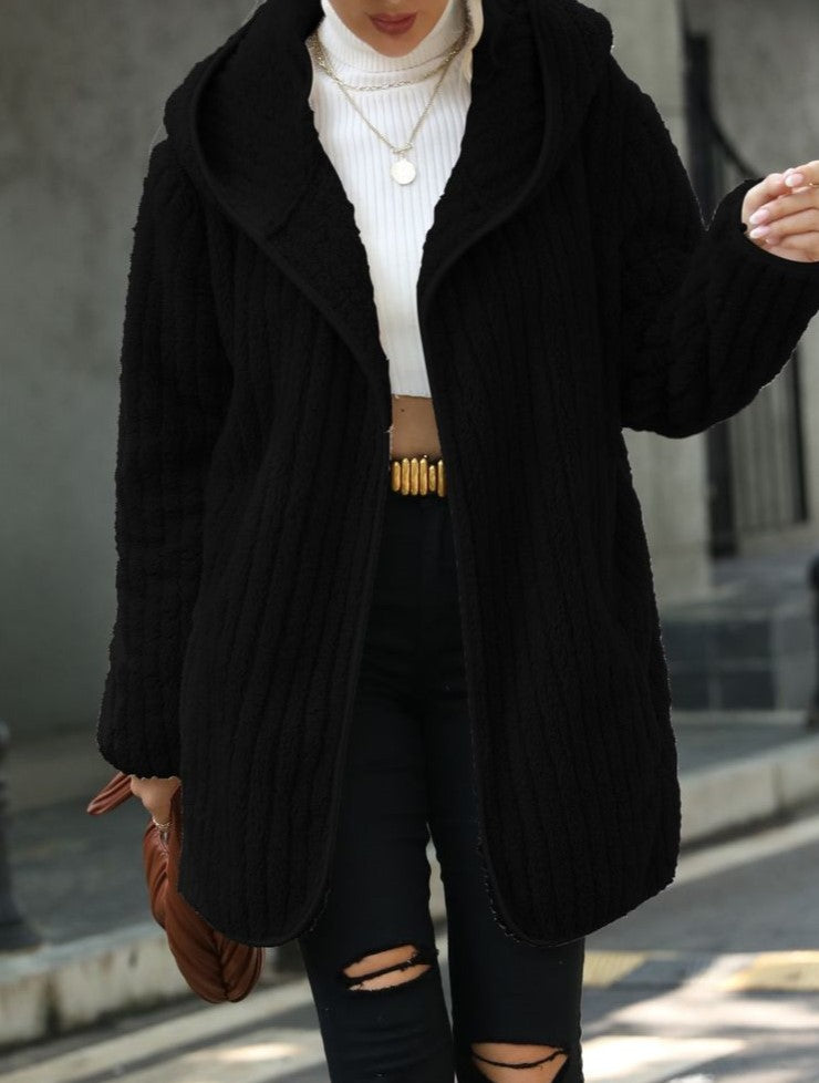 Hooded Ribbed Plush Open Front Cardigan - Black