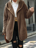 Hooded Ribbed Plush Open Front Cardigan - Coffee
