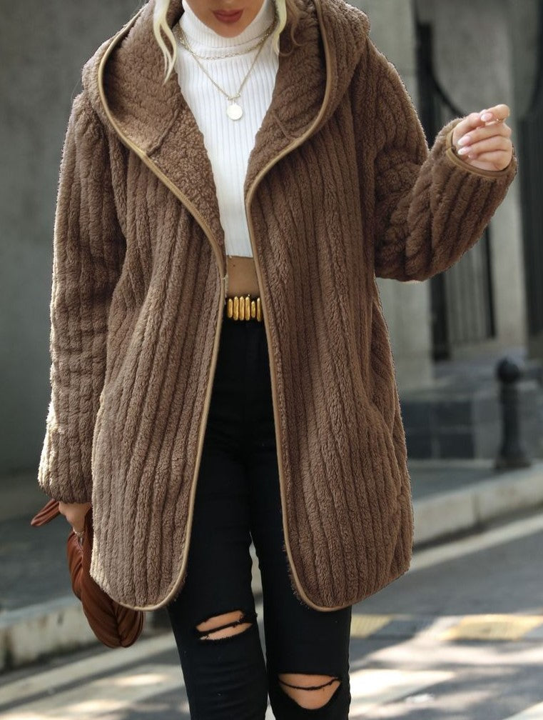 Hooded Ribbed Plush Open Front Cardigan - Coffee
