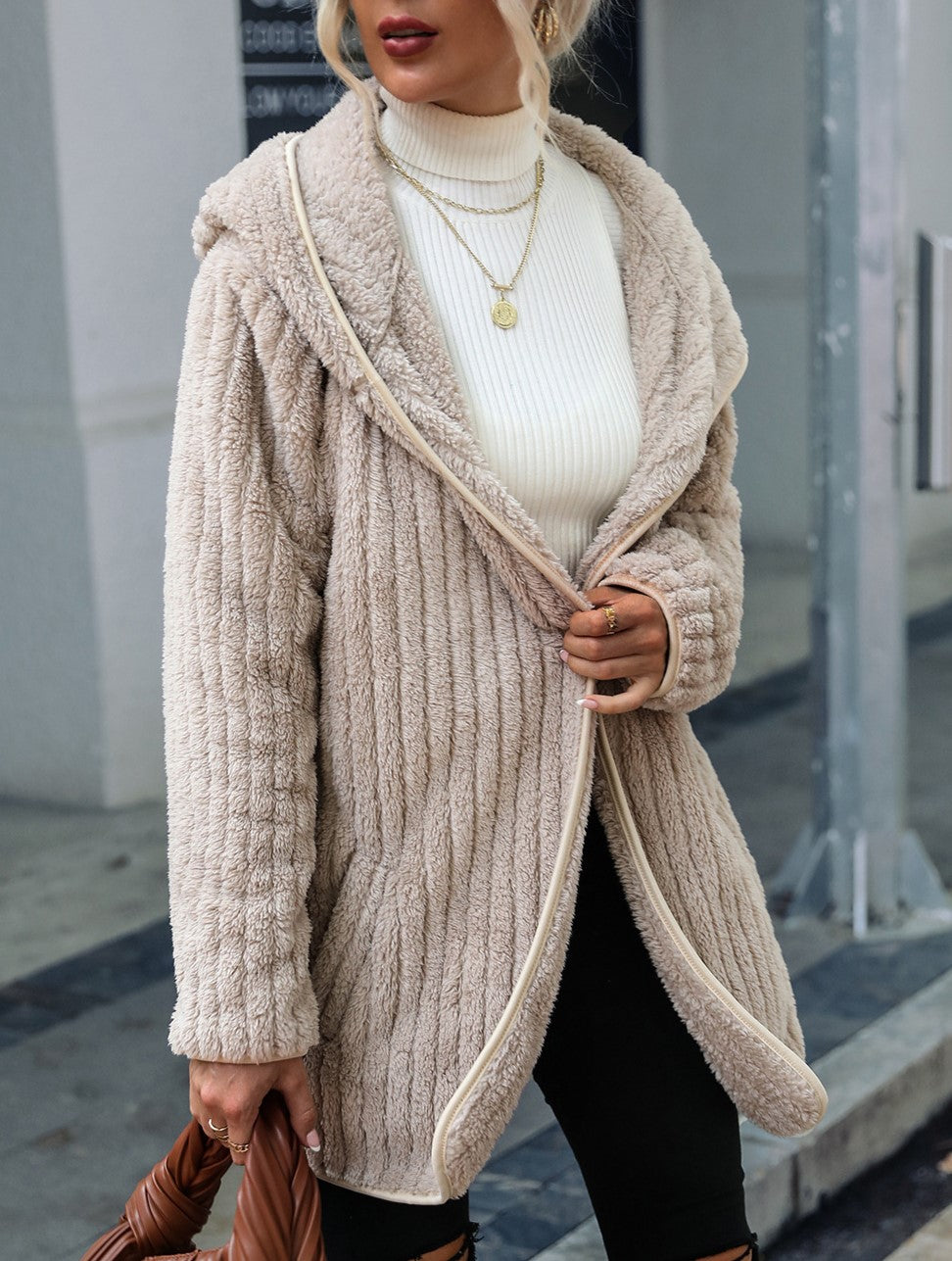 Hooded Ribbed Plush Open Front Cardigan - Khaki