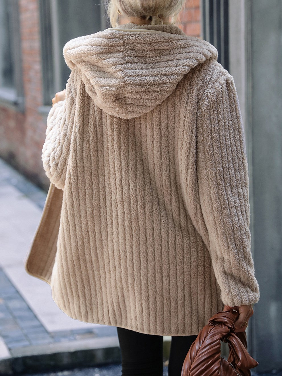 Hooded Ribbed Plush Open Front Cardigan - Khaki - 2
