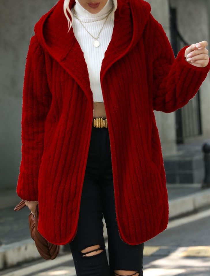 Hooded Ribbed Plush Open Front Cardigan - Red
